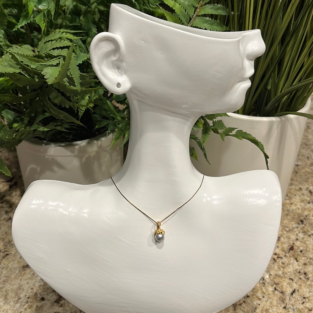 Solid 14K 6mm Natural Grey Pearl Pendant